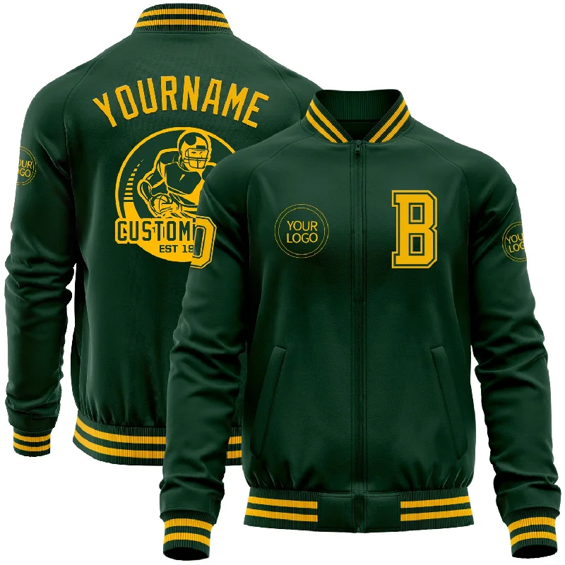 Military Style Jacket for Bold Fashion Statement-Custom Green Gold Bomber Varsity Letterman Zipper Jacket