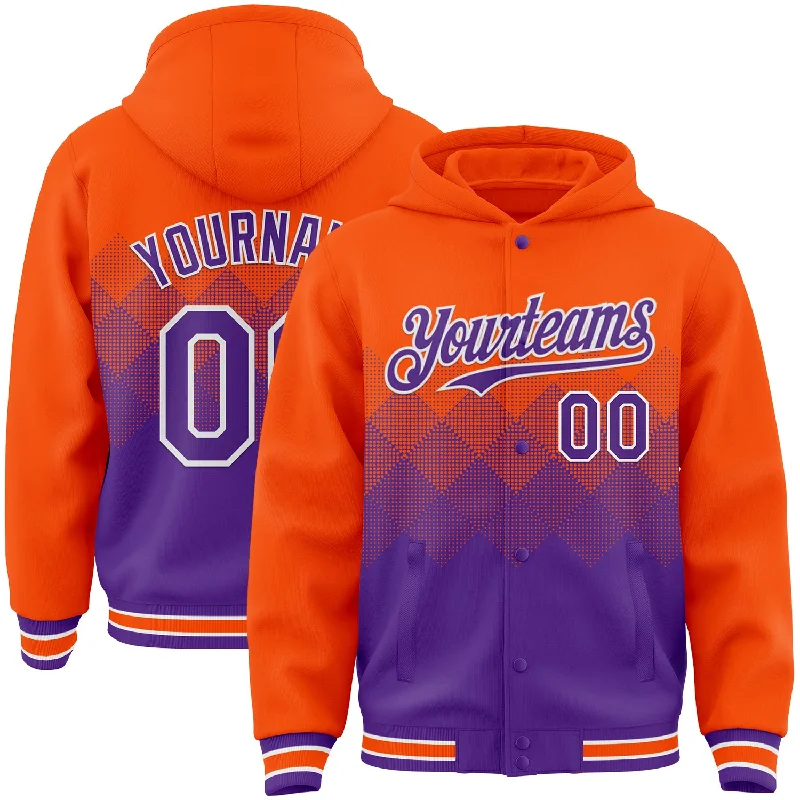 High-Neck Hoodie for Extra Warmth-Custom Orange Purple-White Gradient Square Shape 3D Pattern Design Bomber Full-Snap Varsity Letterman Hoodie Jacket