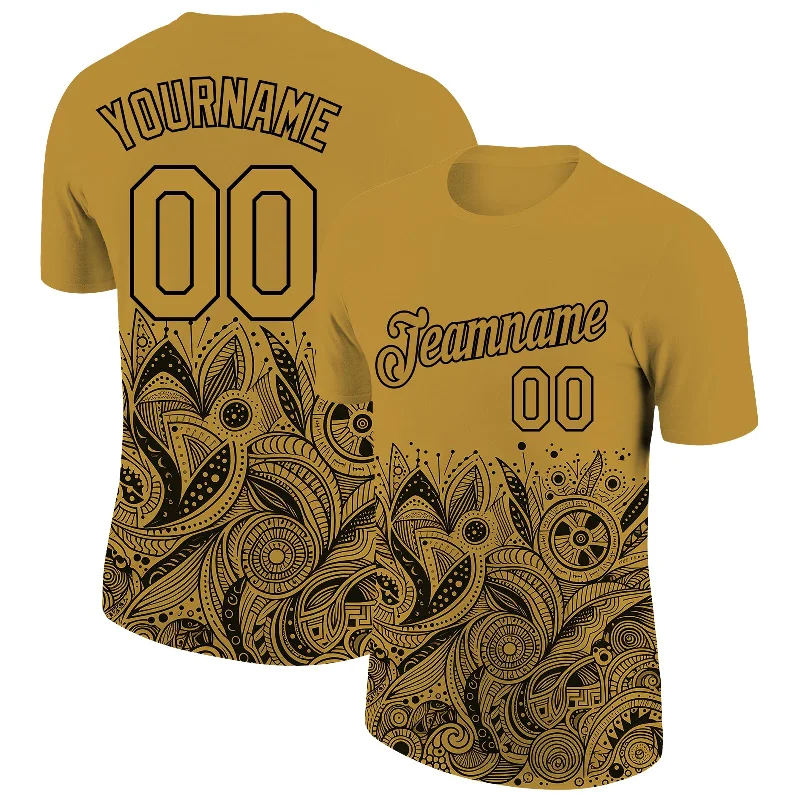 Fun Animal Print T-Shirt for Quirky Fashion-Custom Old Gold Black 3D Pattern Floral Design Performance T-Shirt