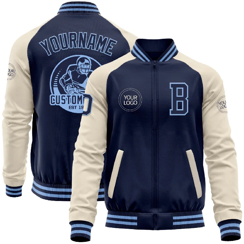 Reflective Jacket for Running and Cycling-Custom Navy Light Blue-Cream Bomber Varsity Letterman Two Tone Zipper Jacket