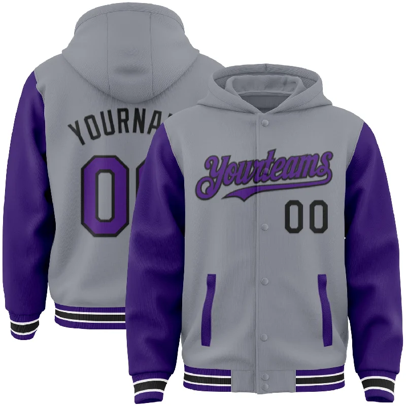 Stylish Hooded Sweatshirt for Casual Looks-Custom Gray Purple-Black Bomber Full-Snap Varsity Letterman Two Tone Hoodie Jacket