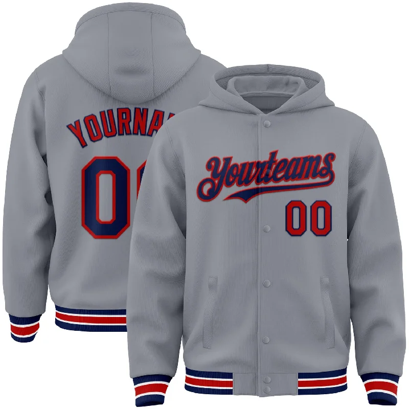 Athletic Zip Hoodie for Gym and Sports-Custom Gray Navy-Red Bomber Full-Snap Varsity Letterman Hoodie Jacket