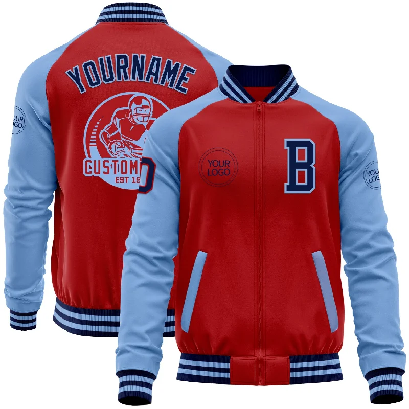 Hooded Puffer Jacket for Warmth and Style-Custom Red Navy-Light Blue Bomber Varsity Letterman Two Tone Zipper Jacket