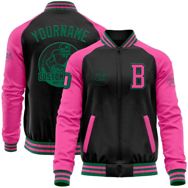 Wool Blend Coat Jacket for Professional Appeal-Custom Black Kelly Green-Pink Bomber Varsity Letterman Two Tone Zipper Jacket