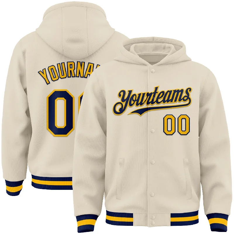 Athletic Zip Hoodie for Gym and Sports-Custom Cream Navy-Gold Bomber Full-Snap Varsity Letterman Hoodie Jacket