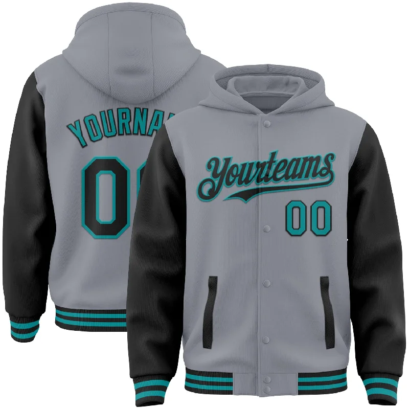 Relaxed-Fit Hoodie for Easygoing Style-Custom Gray Black-Teal Bomber Full-Snap Varsity Letterman Two Tone Hoodie Jacket