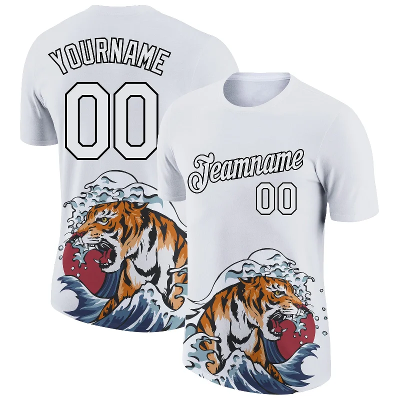 Geometric Print T-Shirt for Sleek Designs-Custom White Black 3D Pattern Design Tiger Performance T-Shirt