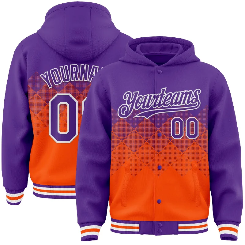 Breathable Running Hoodie for Active Wear-Custom Purple Orange-White Gradient Square Shape 3D Pattern Design Bomber Full-Snap Varsity Letterman Hoodie Jacket