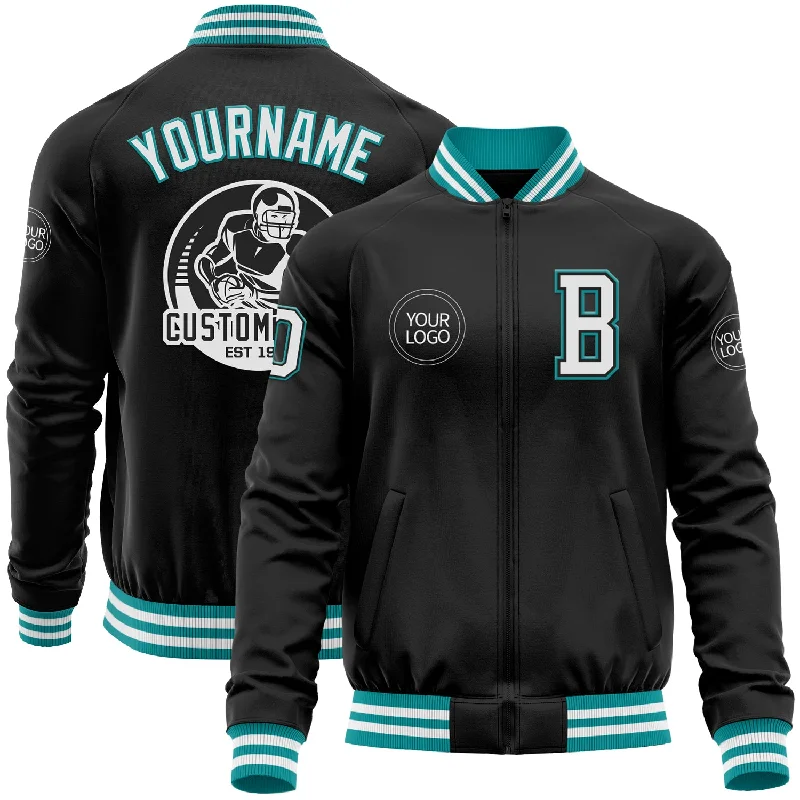 Lightweight Hiking Zip Jacket for Outdoor Exploration-Custom Black White-Teal Bomber Varsity Letterman Zipper Jacket