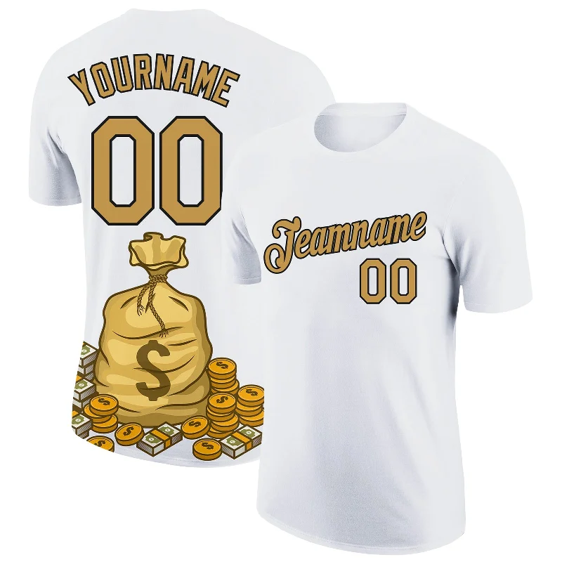 High-Quality Plain T-Shirt for Classic Look-Custom White Old Gold-Black 3D Pattern Design Dollar Sign Money Theme Performance T-Shirt