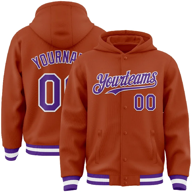 Street Style Hoodie for Modern Fashion-Custom Texas Orange Purple-White Bomber Full-Snap Varsity Letterman Hoodie Jacket