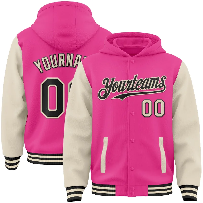 Warm Fleece-Lined Hoodie for Cold Weather-Custom Pink Black-Cream Bomber Full-Snap Varsity Letterman Two Tone Hoodie Jacket