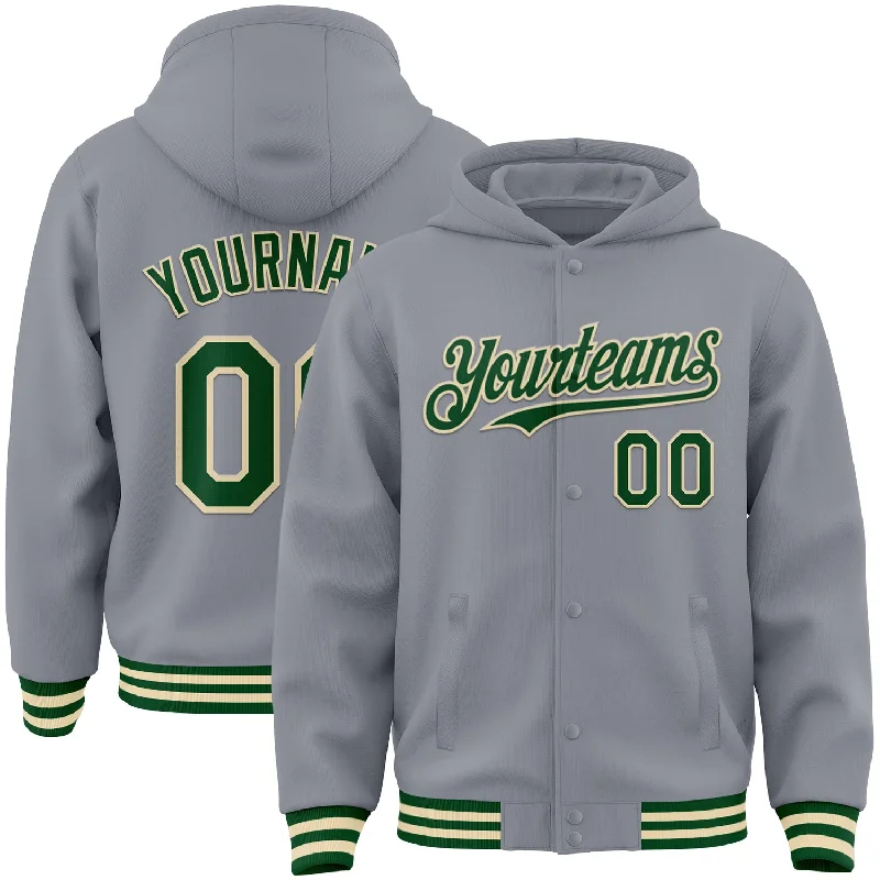 Functional Hoodie for Outdoor Activities-Custom Gray Green-Cream Bomber Full-Snap Varsity Letterman Hoodie Jacket