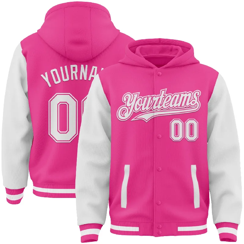 Soft Terry Cloth Hoodie for Relaxed Vibes-Custom Pink White Bomber Full-Snap Varsity Letterman Two Tone Hoodie Jacket