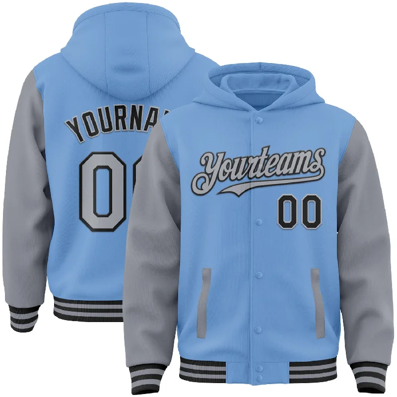 Soft Cotton Blend Hoodie for Extra Comfort-Custom Light Blue Gray-Black Bomber Full-Snap Varsity Letterman Two Tone Hoodie Jacket