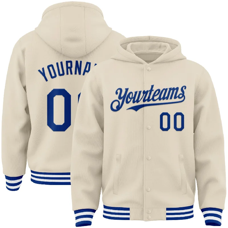 Classic Pullover Hoodie for Everyday Casual-Custom Cream Royal-White Bomber Full-Snap Varsity Letterman Hoodie Jacket