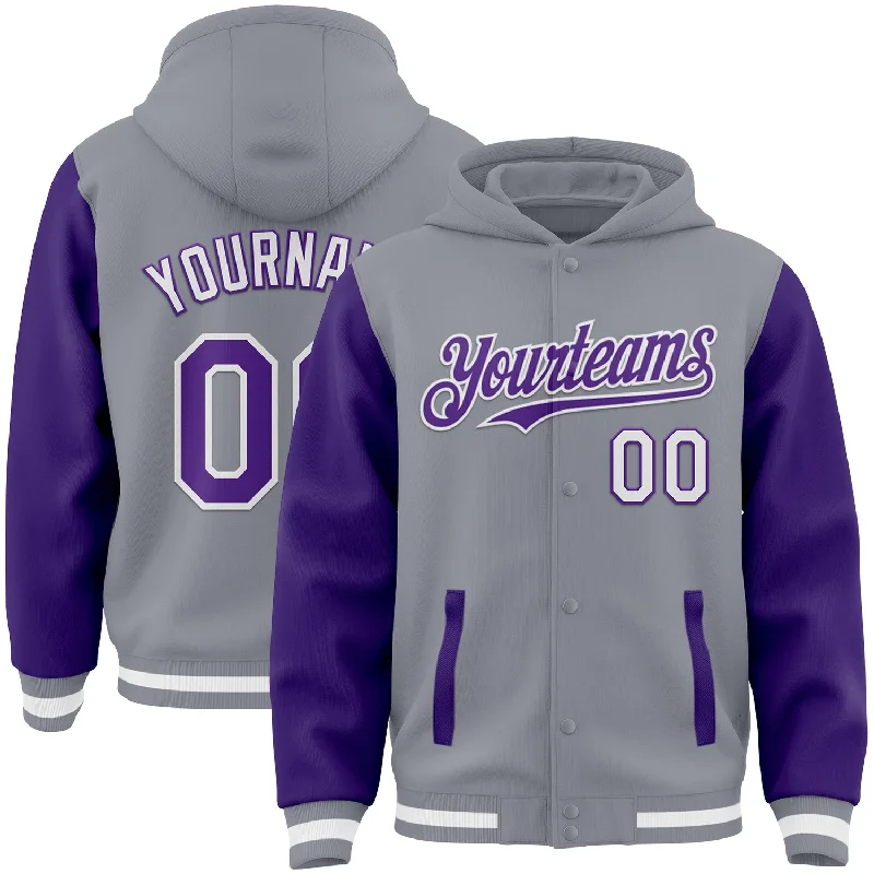 Vibrant Color Hoodie for Bright Fashion Statements-Custom Gray Purple-White Bomber Full-Snap Varsity Letterman Two Tone Hoodie Jacket