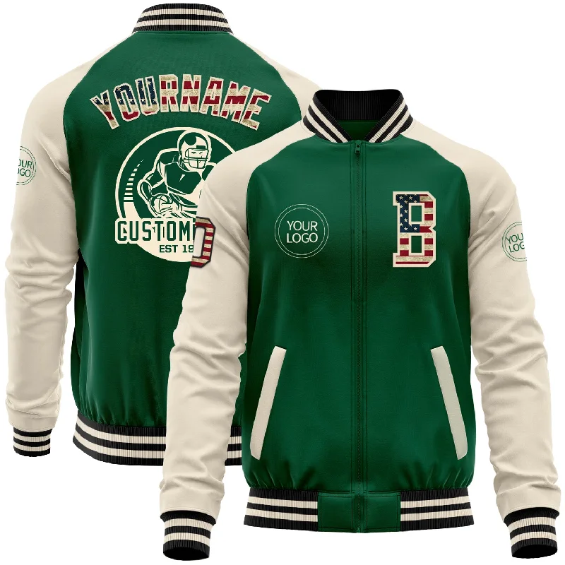 Lightweight Hiking Jacket for Travel and Adventure-Custom Kelly Green Vintage USA Flag Cream-Black Bomber Varsity Letterman Two Tone Zipper Jacket