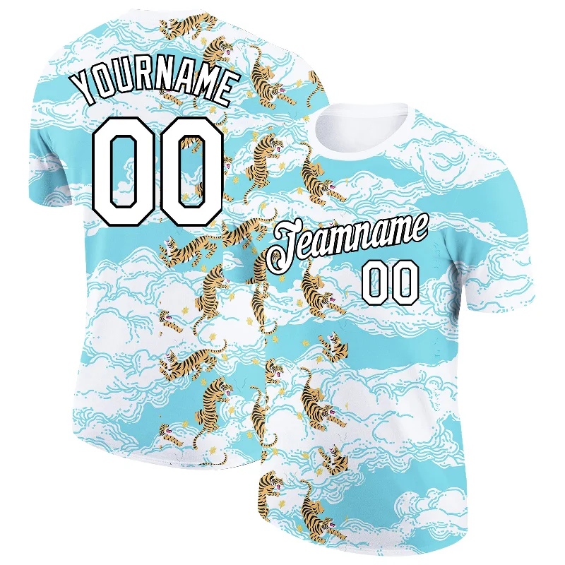 Performance T-Shirt for Active Lifestyles-Custom Sky Blue White-Black 3D Pattern Design Animal Tiger Performance T-Shirt