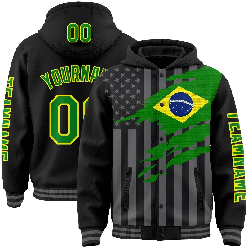 Cozy Pullover Hoodie for Relaxing at Home-Custom Black Grass Green Light Yellow-Gray Brasil Brazilian Flag 3D Bomber Full-Snap Varsity Letterman Hoodie Jacket