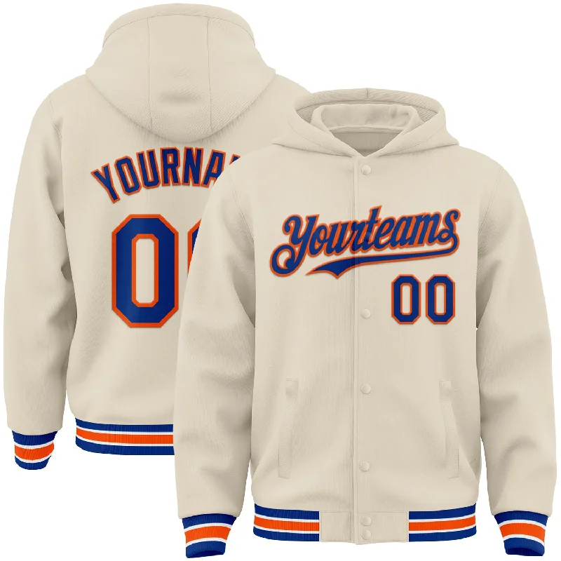 Vintage-Inspired Hoodie for Classic Appeal-Custom Cream Royal Orange-White Bomber Full-Snap Varsity Letterman Hoodie Jacket