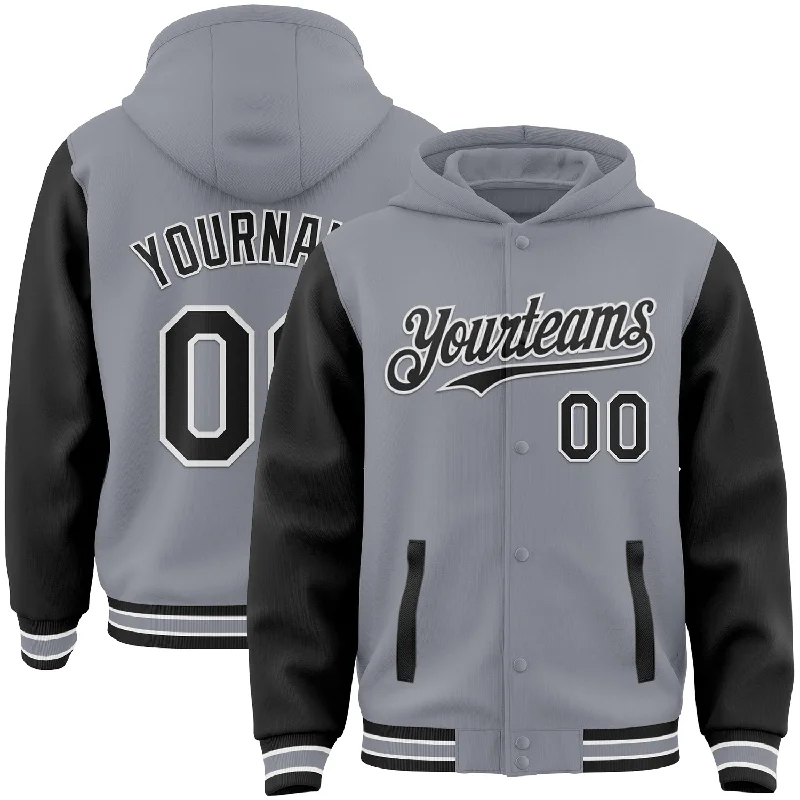 Graphic Print Hoodie for Trendy Style-Custom Gray Black-White Bomber Full-Snap Varsity Letterman Two Tone Hoodie Jacket