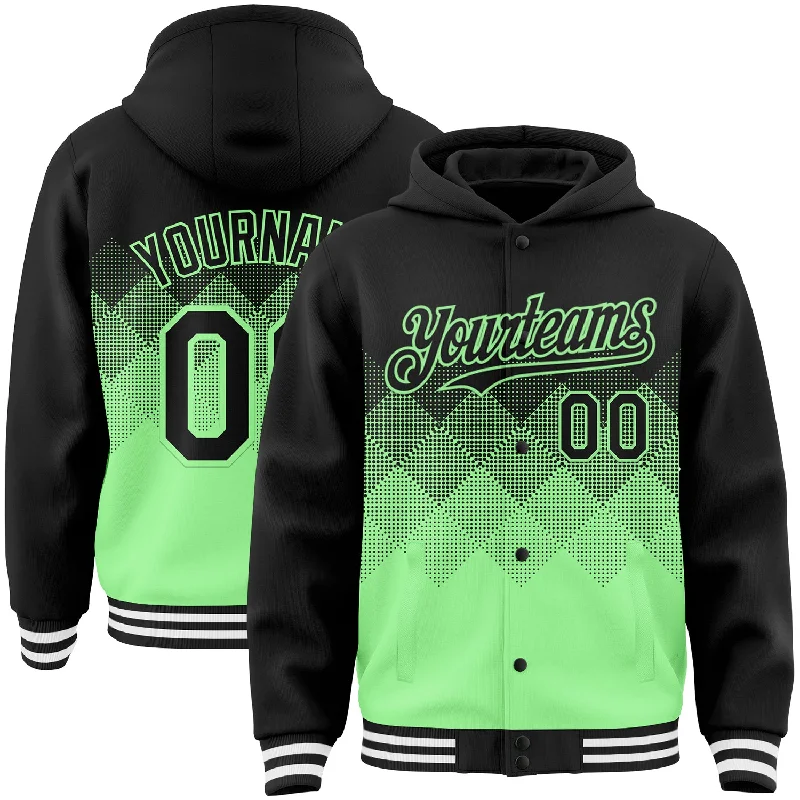 Soft Knit Hoodie for Lightweight Warmth-Custom Black Pea Green-White Gradient Square Shape 3D Pattern Design Bomber Full-Snap Varsity Letterman Hoodie Jacket