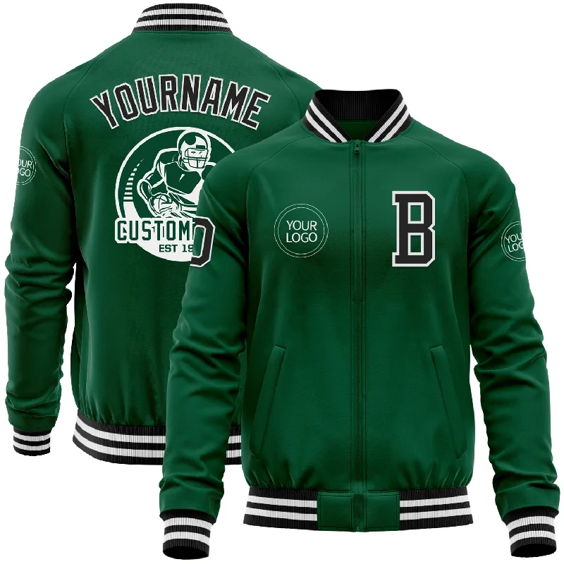 Versatile Zip Jacket for Travel and Leisure-Custom Kelly Green Black-White Bomber Varsity Letterman Zipper Jacket