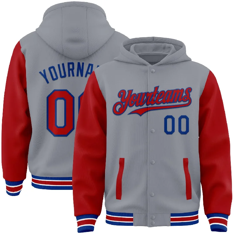 Sports Hoodie for Active Lifestyle-Custom Gray Red-Royal Bomber Full-Snap Varsity Letterman Two Tone Hoodie Jacket