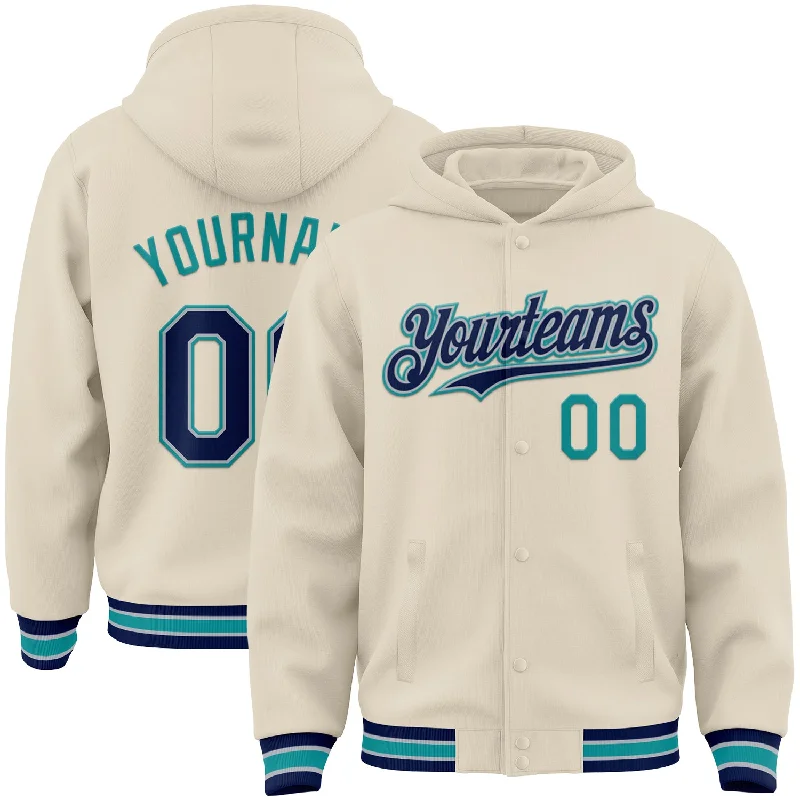 Sports Hoodie for Active Lifestyle-Custom Cream Navy Gray-Teal Bomber Full-Snap Varsity Letterman Hoodie Jacket