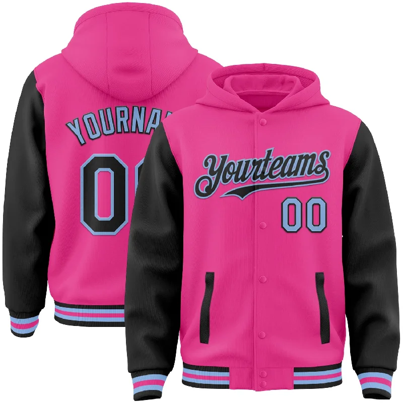 Classic Hoodie with Kangaroo Pocket for Convenience-Custom Pink Black-Light Blue Bomber Full-Snap Varsity Letterman Two Tone Hoodie Jacket