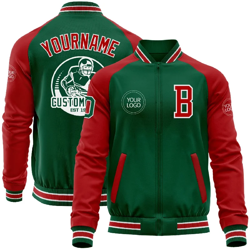 Breathable Jacket for Outdoor Activities-Custom Kelly Green Red-White Bomber Varsity Letterman Two Tone Zipper Jacket