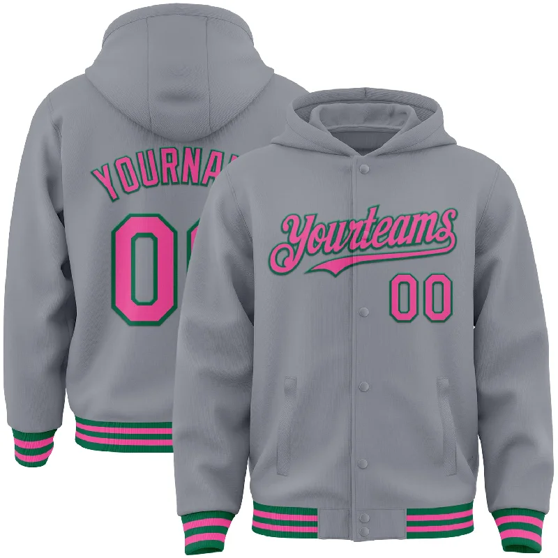 Classic Hoodie for Everyday Comfort-Custom Gray Pink-Kelly Green Bomber Full-Snap Varsity Letterman Hoodie Jacket