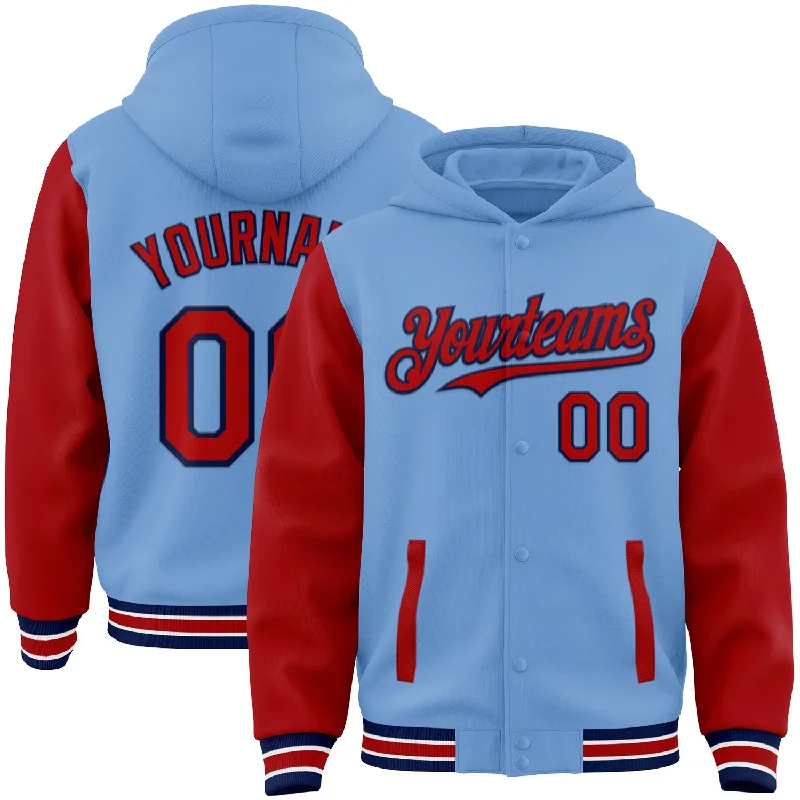 Eco-Conscious Hoodie for Sustainable Fashion-Custom Light Blue Red-Navy Bomber Full-Snap Varsity Letterman Two Tone Hoodie Jacket