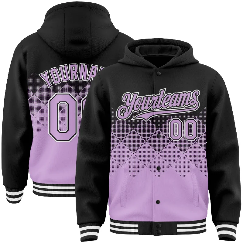 Cozy Hooded Sweatshirt for Winter Comfort-Custom Black Light Purple-White Gradient Square Shape 3D Pattern Design Bomber Full-Snap Varsity Letterman Hoodie Jacket