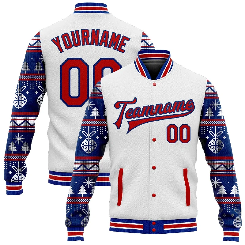 Adjustable Fit Jacket for Personalized Comfort-Custom White Red-Royal Christmas 3D Bomber Full-Snap Varsity Letterman Jacket