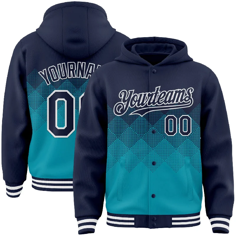 Lightweight Hoodie for Spring and Fall-Custom Navy Teal-White Gradient Square Shape 3D Pattern Design Bomber Full-Snap Varsity Letterman Hoodie Jacket