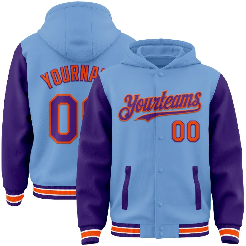 Versatile Hoodie for Sports and Leisure-Custom Light Blue Purple-Orange Bomber Full-Snap Varsity Letterman Two Tone Hoodie Jacket