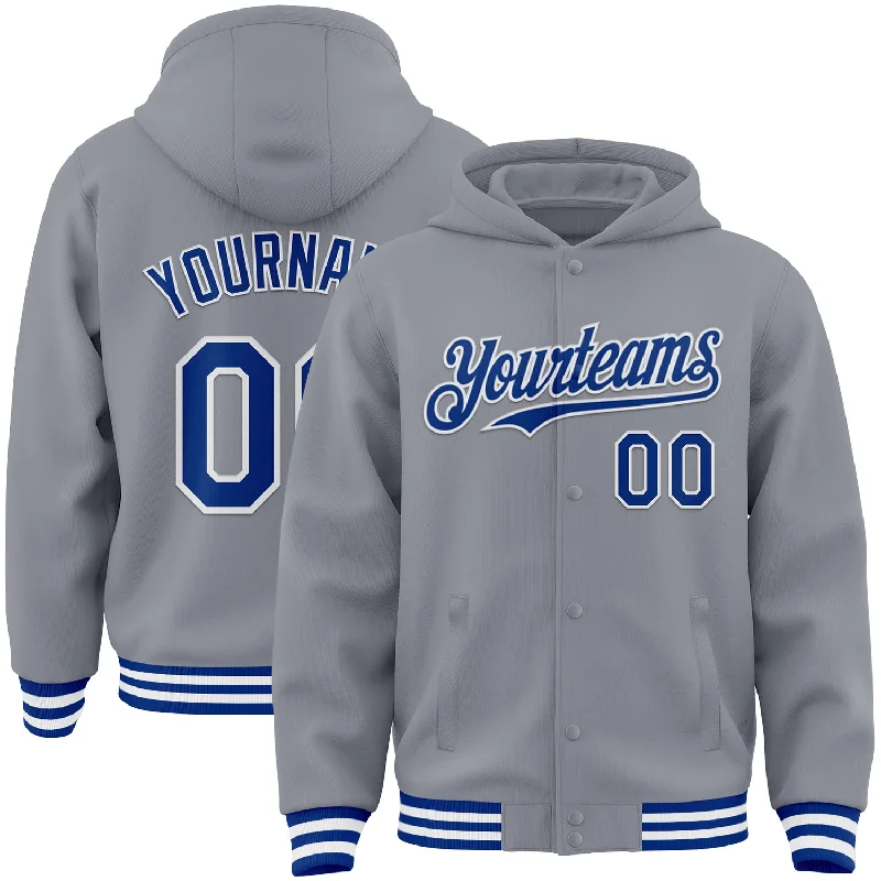 Unisex Hooded Sweatshirt for Casual Comfort-Custom Gray Royal-White Bomber Full-Snap Varsity Letterman Hoodie Jacket