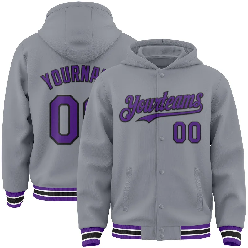 Warm Fleece-Lined Hoodie for Cold Weather-Custom Gray Purple-Black Bomber Full-Snap Varsity Letterman Hoodie Jacket