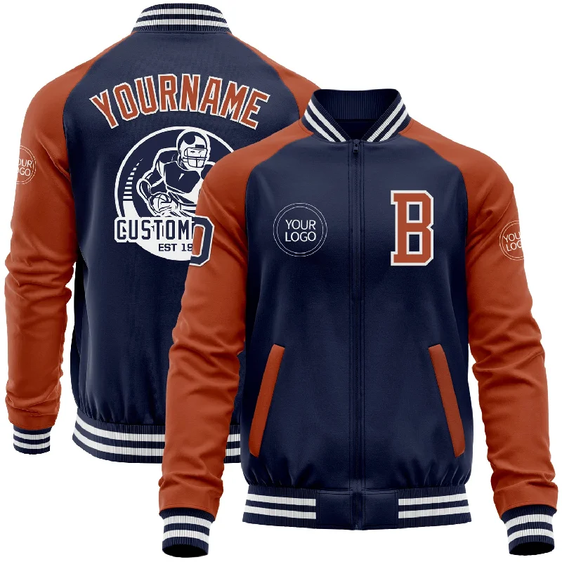 Stylish Faux Suede Jacket for Chic Fashion-Custom Navy Texas Orange-White Bomber Varsity Letterman Two Tone Zipper Jacket