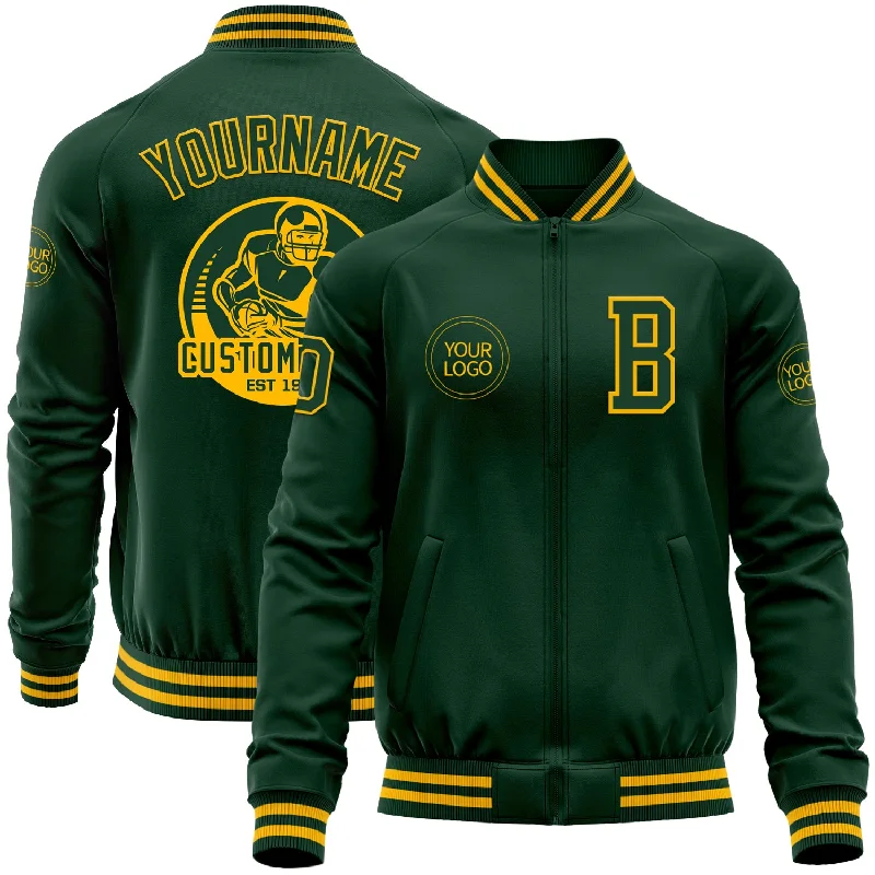 Casual Zip-Up Jacket for Easygoing Wear-Custom Green Gold Bomber Varsity Letterman Zipper Jacket