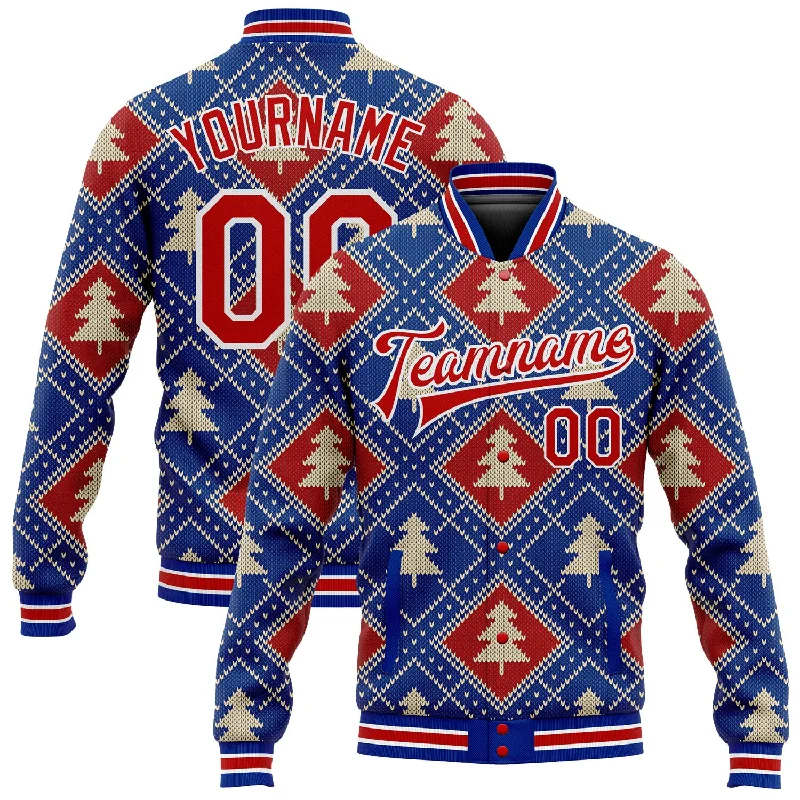 Tech Fabric Jacket for Modern Performance Wear-Custom Royal Red-White Christmas 3D Bomber Full-Snap Varsity Letterman Jacket