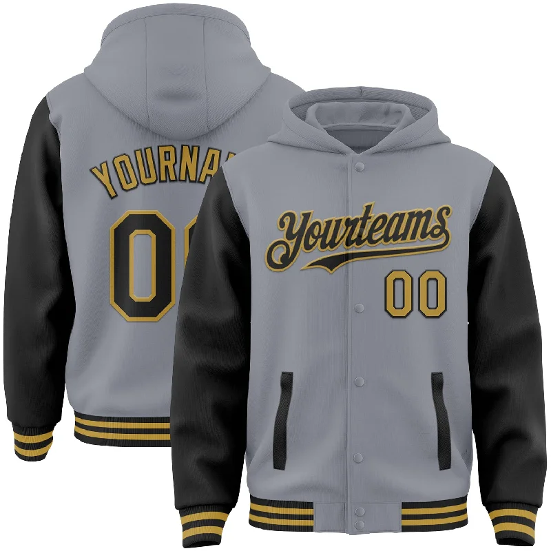 Vintage Hoodie for Nostalgic Look-Custom Gray Black-Old Gold Bomber Full-Snap Varsity Letterman Two Tone Hoodie Jacket