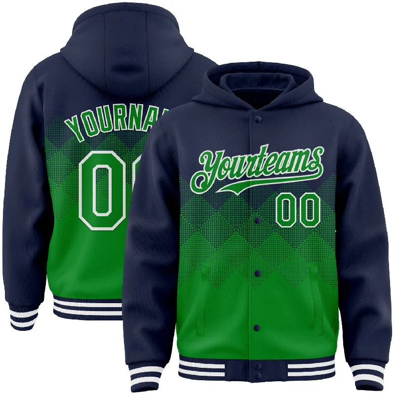 Cool Graphic Hoodie for Streetwear Look-Custom Navy Grass Green-White Gradient Square Shape 3D Pattern Design Bomber Full-Snap Varsity Letterman Hoodie Jacket