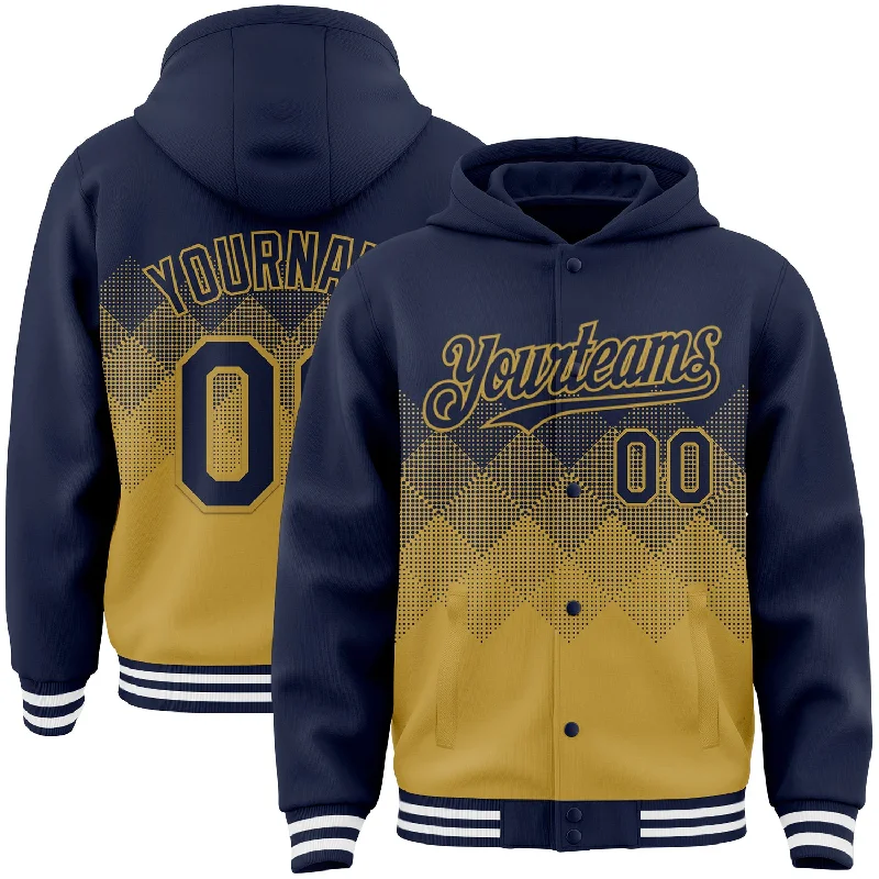 Comfortable Hooded Sweatshirt for Layering-Custom Navy Old Gold-White Gradient Square Shape 3D Pattern Design Bomber Full-Snap Varsity Letterman Hoodie Jacket