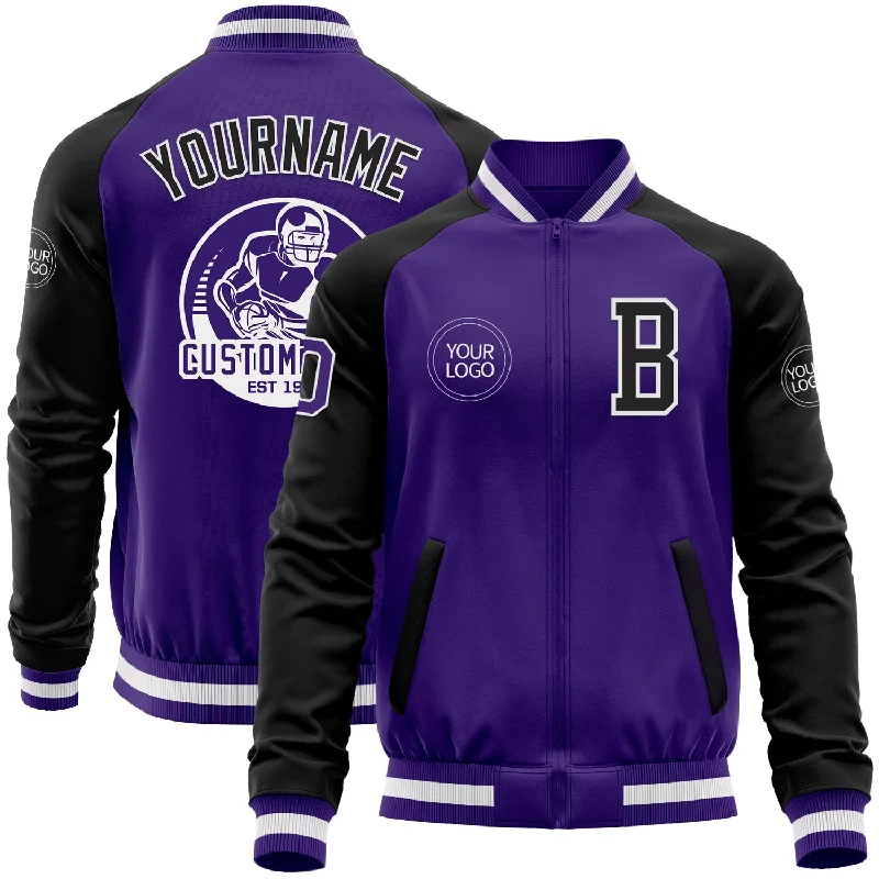 Waterproof Hiking Jacket for Trail Explorers-Custom Purple Black-White Bomber Varsity Letterman Two Tone Zipper Jacket