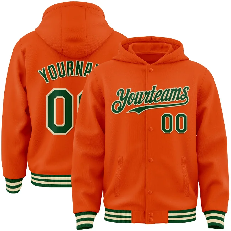 Simple Zip Hoodie for Easy Casual Style-Custom Orange Green-Cream Bomber Full-Snap Varsity Letterman Hoodie Jacket