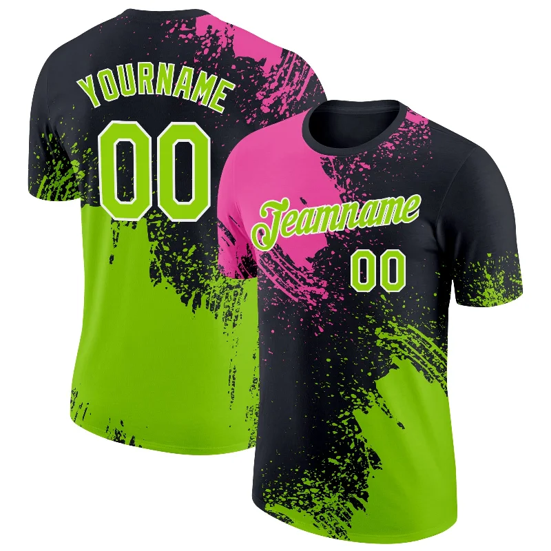 Luxurious Silk T-Shirt for Sophisticated Fashion-Custom Pink Neon Green-Black 3D Pattern Design Abstract Brush Stroke Performance T-Shirt