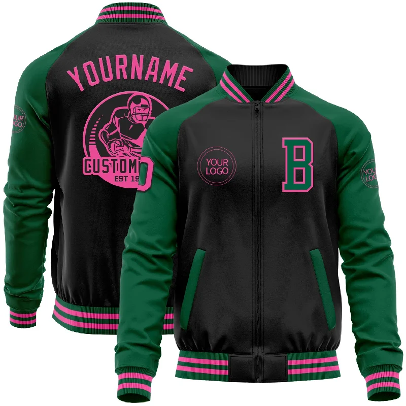 Retro Windbreaker Jacket for Vintage Appeal-Custom Black Pink-Kelly Green Bomber Varsity Letterman Two Tone Zipper Jacket